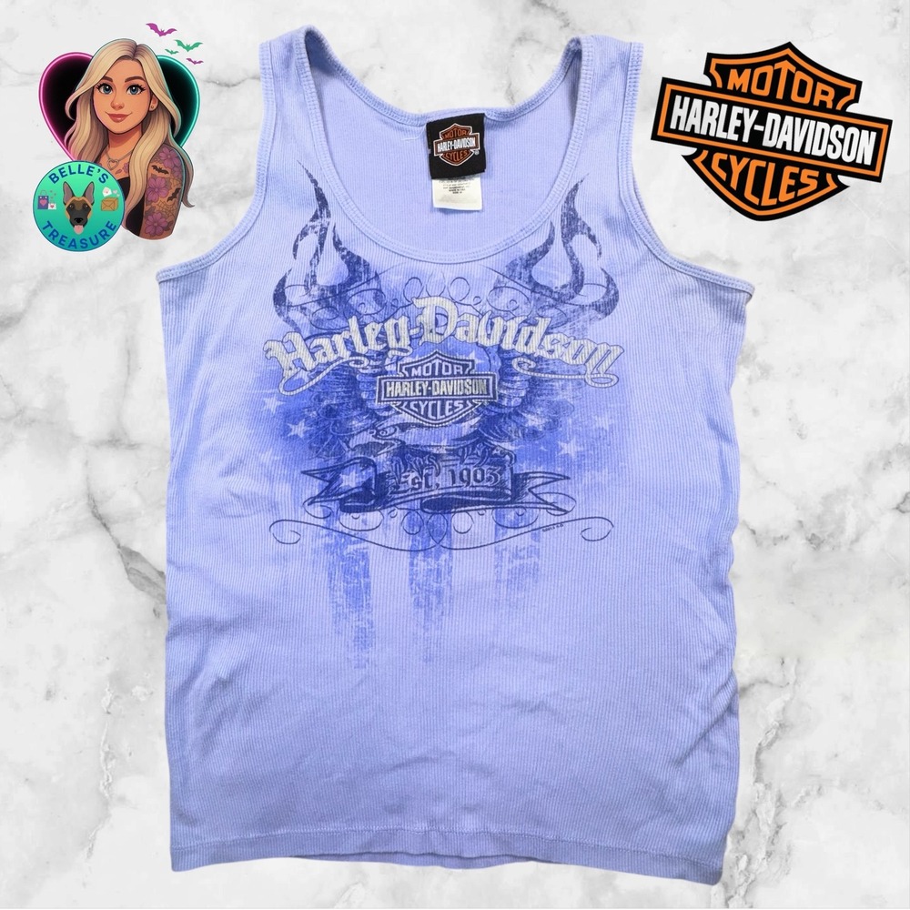 Harley Davidson Top Womens Medium Lilac Purple Ribbed Tank Flames Fire Eagle Y2K